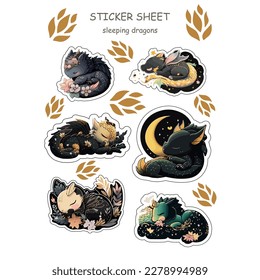 Collection of vector illustrations. The little dragons are sleeping. Design for printing, stickers.