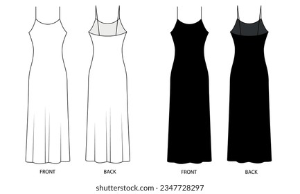 Collection of vector illustrations of long dresses with thin spaghetti straps, white and black colors. Outline drawing of a woman's, silk dress, vector. Sketch of a fashionable summer slip dress.
