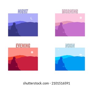 A collection of vector illustrations of a man sitting on a mountain with a beautiful view of the mountains. Illustration of mountains in the morning, noon, evening, and night