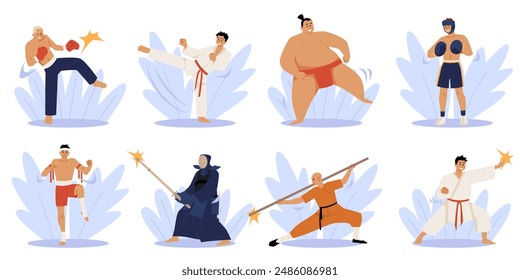 Una colección de Ilustraciones vectoriales de artes marciales, incluyendo sumo, kickboxing, karate y otros. Imágenes precisas de los atletas en la vestimenta tradicional