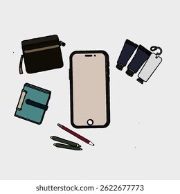 Collection of vector illustrations of men's goods. Mobile phones, hand cream, wallets, notebooks, pens and markers. Collection of cartoon stickers with gray Coloring book