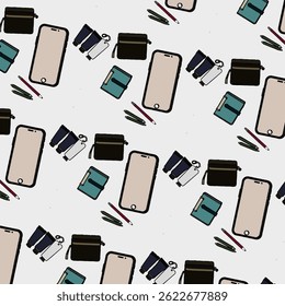 Collection of vector illustrations of men's goods. Mobile phones, hand cream, wallets, notebooks, pens and markers. Collection of cartoon stickers with gray Coloring book