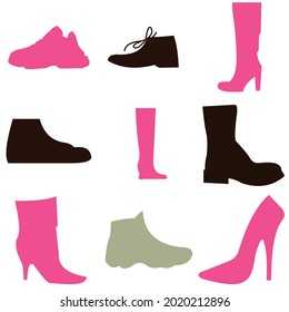 A collection of vector illustrations of men's and women's shoes silhouette designs
