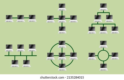A collection of vector illustrations of network topology internet connections, bus topologies, ring topologies, star topologies