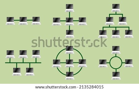 A collection of vector illustrations of network topology internet connections, bus topologies, ring topologies, star topologies