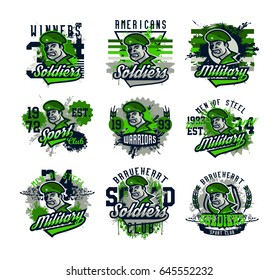 A collection of vector illustrations on a military theme, a soldier in a beret, a defender of the country. Grunge effect, text, inscription. Typography, T-shirt graphics, print, banner, poster, flyer