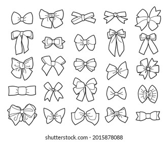 Collection of vector illustrations of outlines of various bows and ribbons, isolated black elements on a white background.