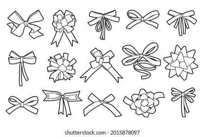 Collection of vector illustrations of outlines of various bows and ribbons, isolated black elements on a white background.