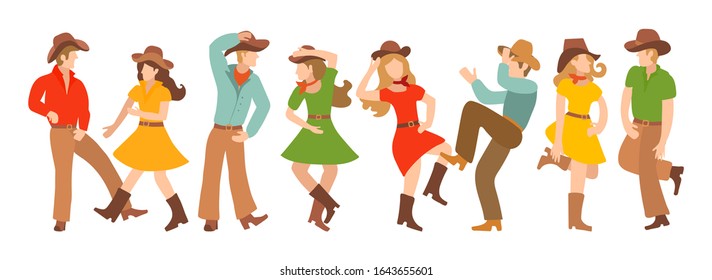Collection of vector illustrations with pairs of country dancers. Blondites in colorful traditional clothes dance in the American style. Design or poster for cowboy party, western dance school, team l