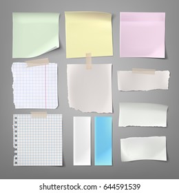 Collection of vector illustrations paper notes of various types in a realistic style isolated on a gray