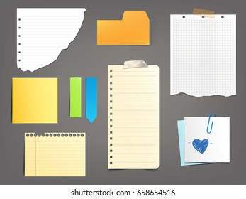 Collection of vector illustrations paper notes of various types in a realistic style isolated on a gray