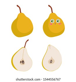 Collection of vector illustrations of pears drawn in different styles. Yellow pear isolated on a white background.