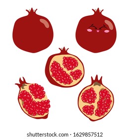 Collection of vector illustrations of pomegranate whole, half and slices in flat style. Set of red pomegranate on a white background for design.