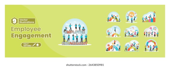 Uma coleção de ilustrações vetoriais retratando trabalho em equipe, colaboração e desenvolvimento profissional. Dedicação da equipe, satisfação no trabalho, produtividade e reconhecimento dos funcionários. Mega set.