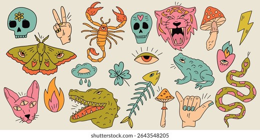 A collection of vector illustrations in primitive doodle style with psychedelic elements in a retro colour palette. Images of skulls, animals, hearts, snakes, mushrooms, eyes, scorpion, toad, sphinx