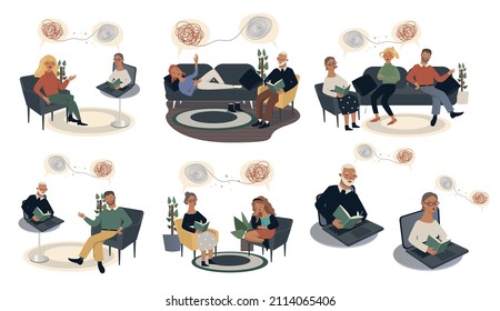 
Collection of vector illustrations. Reception at a psychologist, different people with problems consult a psychologist, online and in person. Cartoon, isolated on white background.