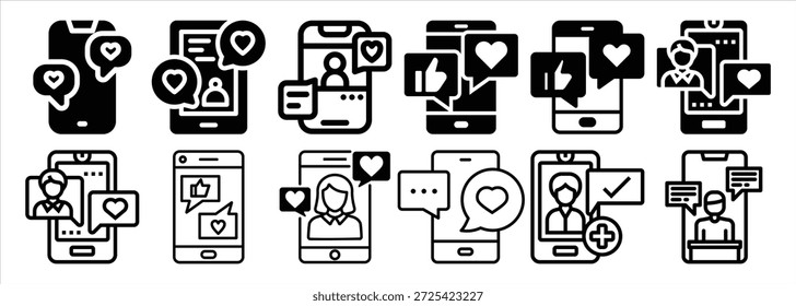Colección de las Ilustraciones vectoriales que representan las interacciones de las redes sociales en los teléfonos móviles. Los íconos incluyen mensajes de "me gusta" y perfiles para marketing digital y diseño de App.