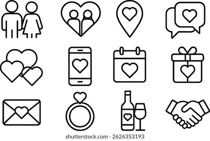 Collection of vector illustrations representing various elements of wedding planning. Icons include rings, calendars, couples, checklists, and more, all in a minimalist style for easy reference.