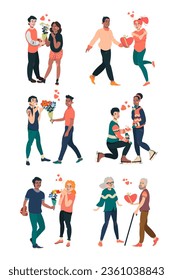 Colección de ilustraciones vectoriales de parejas románticas. Amigos varones y novias con un fondo blanco aislado.