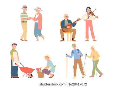 collection of vector illustrations of seniors who are still active in old age to fill their time and activities. retirement activities and hobbies that nourish the body and soul