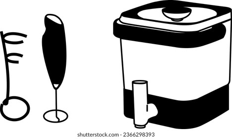 A collection of vector illustrations showcasing coffee machines and a milk frother, perfect for coffee enthusiasts and cafes.