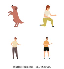 Collection of vector illustrations showcasing different people and a playful dog on a white background