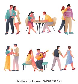 A collection of vector illustrations showcasing diverse couples enjoying romantic occasions and leisure activities, ideal for relationship-themed designs.