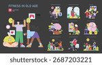 A collection of vector illustrations showcasing elderly individuals engaging in various fitness activities. Emphasizes physical and mental health through exercise and mindfulness practices.