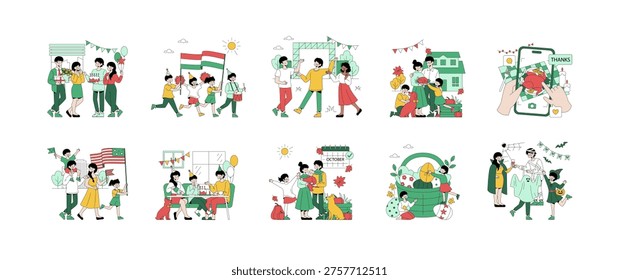 Collection of vector illustrations showcasing family celebrations and festive activities. Includes birthday parties, national festivals, and holiday gatherings with joyful emotions and vibrant scenes.