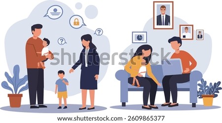 Collection of vector illustrations showcasing family scenarios and modern lifestyle. Features scenes of parents with children, depicting security questions, family discussions, and work-life balance