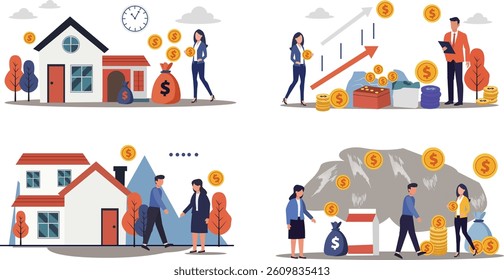 Collection of vector illustrations showcasing home loan and real estate finance concepts. Features scenes with houses, dollar coins, upward trending arrows, and money bags, representing home loans