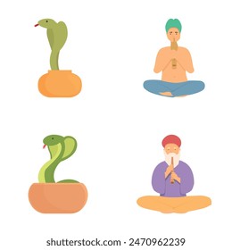 A collection of vector illustrations showcasing individuals meditating and charming snakes