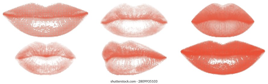 Collection of vector illustrations showcasing lips with a halftone dot pattern. Different mouth shapes and angles, depicting various expressions and styles.