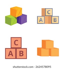 Collection of vector illustrations showing alphabet and geometric blocks in various colors