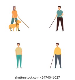 Colección de Ilustraciones vectoriales que muestran a una persona ciega con un perro guía y bastón en varias poses