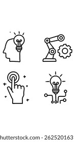 Collection of vector illustrations showing human heads integrated with light bulbs, circuits, gears, and tech elements. Symbolizing innovation, artificial intelligence, and digital thinking.