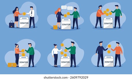 Collection of vector illustrations showing people donating coins into white donation boxes clearly labeled "DONATION".  Features various scenes depicting individuals contributing to charity