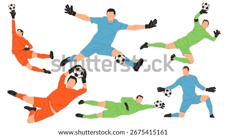 Collection of vector illustrations showing soccer goalkeepers in colorful uniforms diving, jumping, and saving footballs. Perfect for sports design, competition, and athletic concepts.