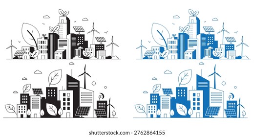 Collection of vector illustrations showing sustainable city landscapes with green energy elements like solar panels and wind turbines.