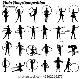 Collection of vector illustrations of silhouettes of children competing to play the hula hoop