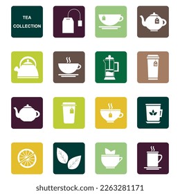 Collection of vector illustrations for tea: cup, teapot, tea, mug, leaf, lemon.