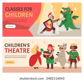 A collection of vector illustrations with a theater for children's performances. Includes:: of knights, dragons, princesses, pirates and wizards performing on stage