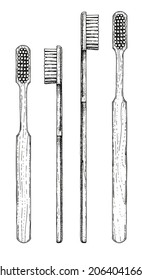 Collection of vector illustrations of a toothbrush. Hand-drawn sketches. Vintage style engraving. Set of wooden toothbrushes