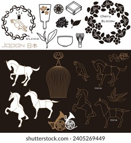 A collection of vector illustrations with a traditional Japanese atmosphere. This is a collection of thin line drawings and Japanese-style symbol marks. Horse, bird, birdcage, horn. Translation: Japan