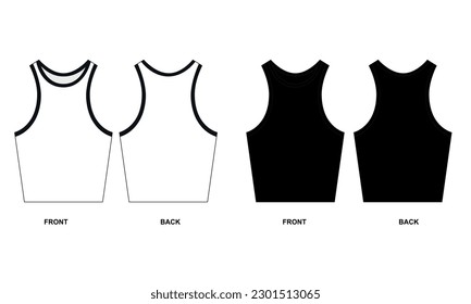 Collection of vector illustrations of trendy cropped t-shirt, white and black colors. Technical sketch of a cropped sleeveless shirt. Summer jersey crop top template, front and back view.