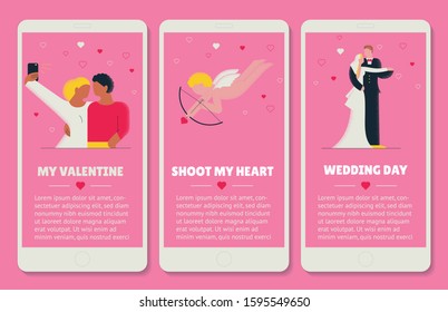 Collection of vector illustrations for Valentines day. Couple lovers flat design. Couple do selfie on smartphone. Baby Cupid shooting. Style set template for web app.