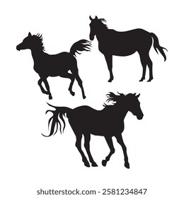 Collection of vector illustrations of various poses of horse silhouettes, long-tailed horses, racing horses