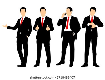 Uma coleção de ilustrações vetoriais de várias poses de homens de negócios em ternos. Vários gestos, ilustrações vetoriais de homens em ternos em estilo plano, isolado em um fundo branco.