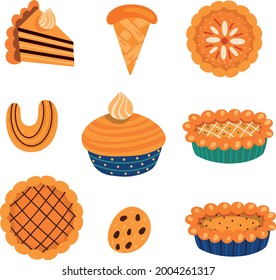 Collection of vector illustrations of various types of traditional autumnal sweet pastry with leaves and mushrooms elements for Thanksgiving celebration isolated on white background