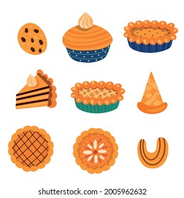 Collection of vector illustrations of various types of traditional autumnal sweet pastry with leaves and mushrooms elements for Thanksgiving celebration isolated on white background